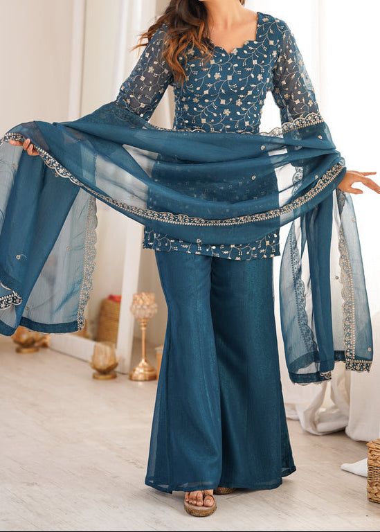 Sequence & Jari Work Top With Corset Back With Bell Bottom Pant Set