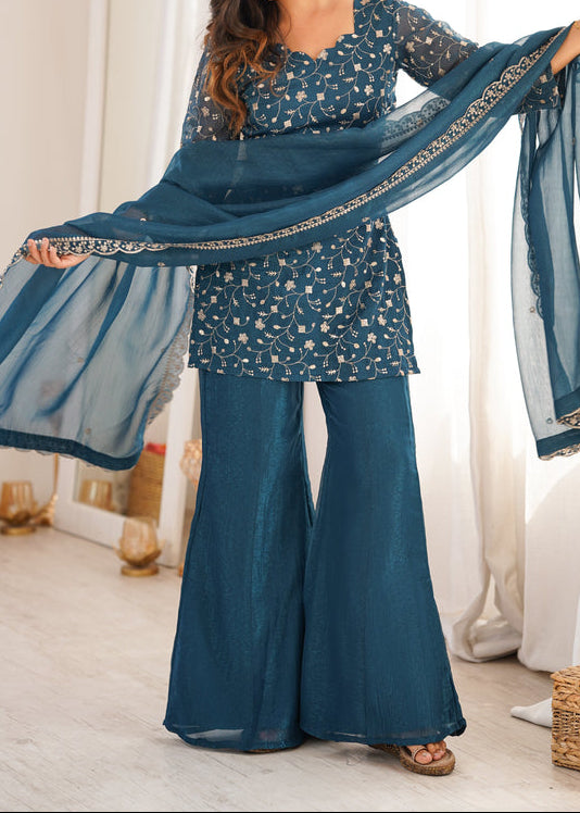 Sequence & Jari Work Top With Corset Back With Bell Bottom Pant Set