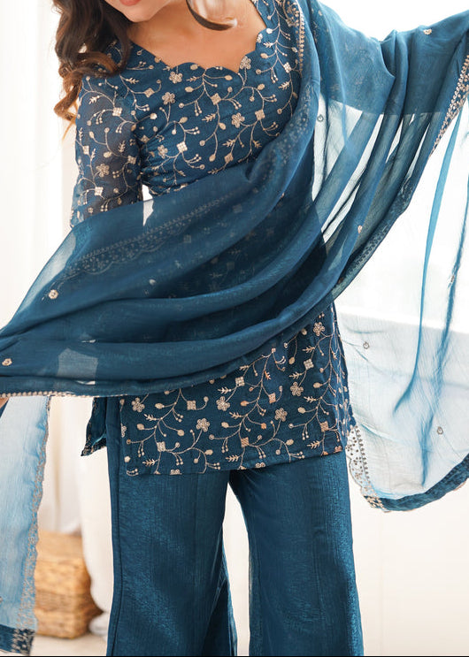 Sequence & Jari Work Top With Corset Back With Bell Bottom Pant Set