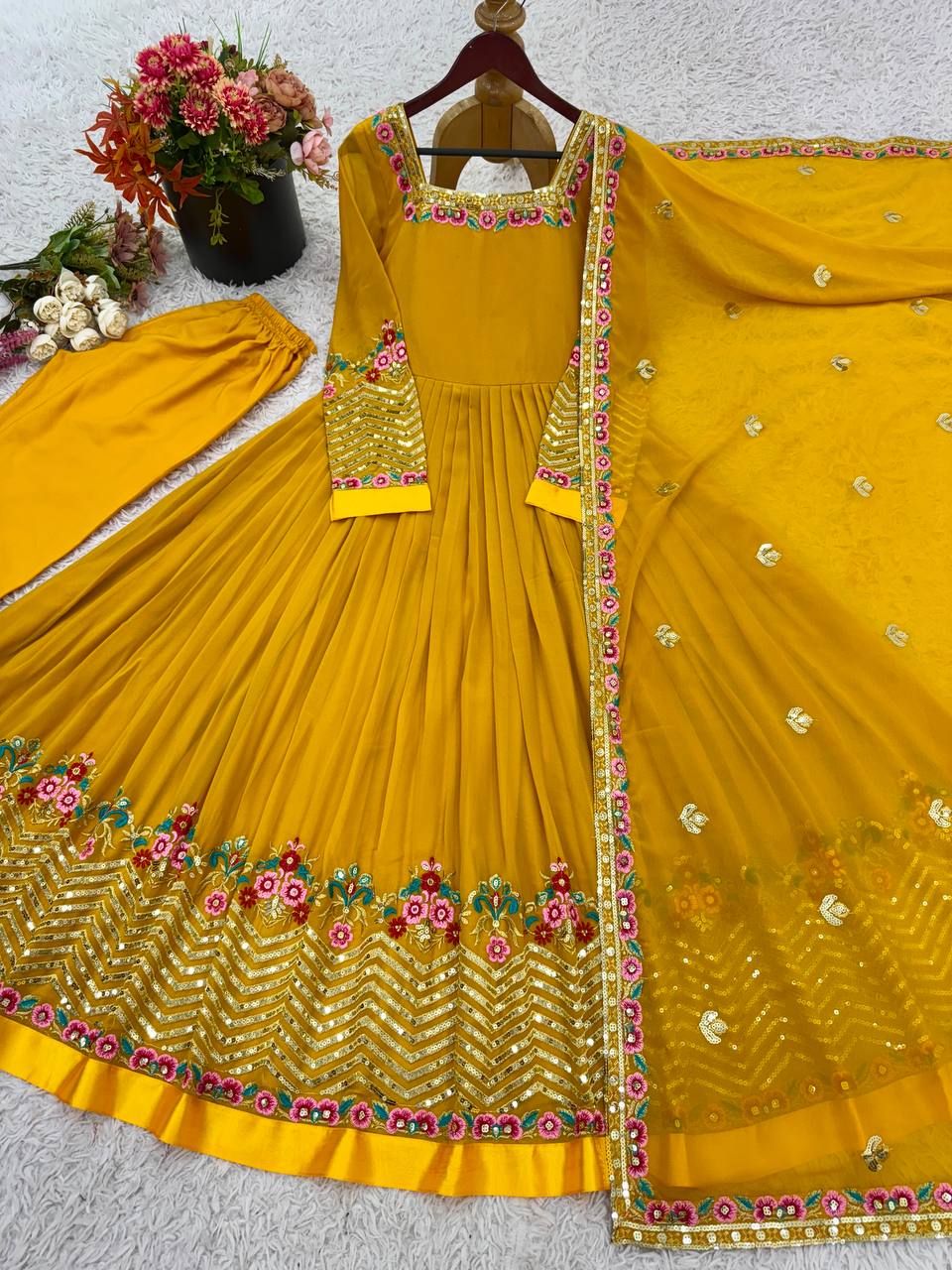 Heavy Georgette Wedding Wear Embroidery Work Long Anarkali Set