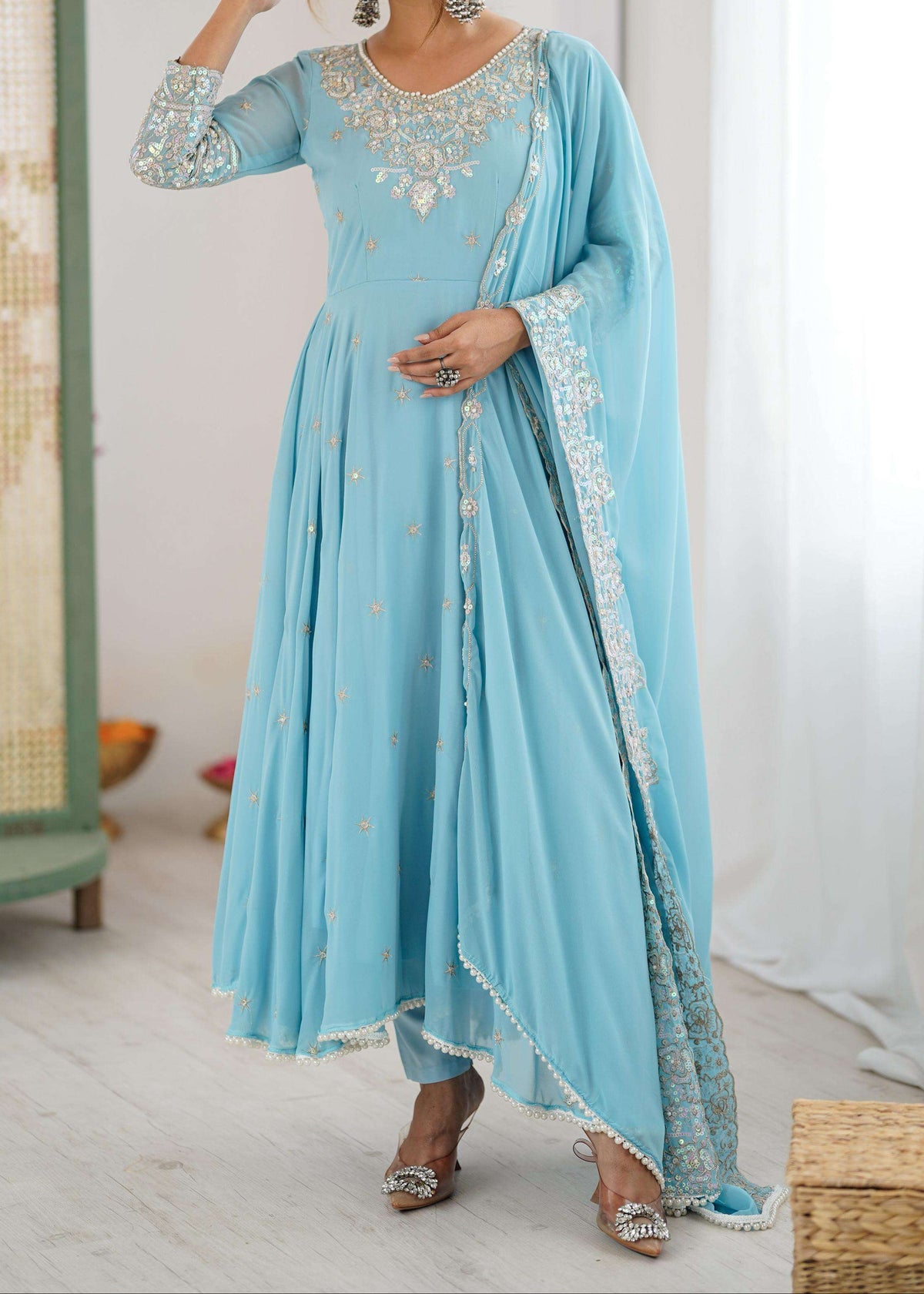 Elegant Heavy Embroidery & Sequence Work Three-Piece Anarkali Suit Set